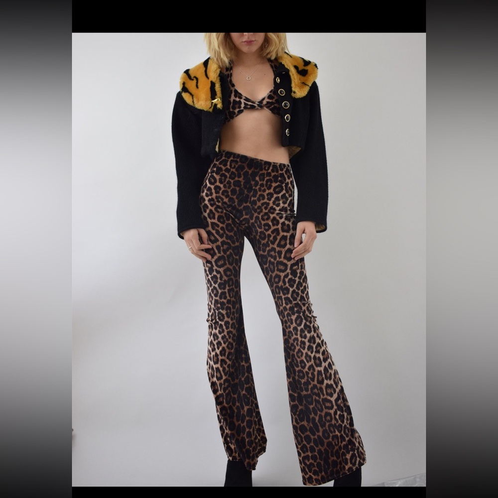 Boodwah High waisted velvet stretch flare pants trousers- LEOPARD, rave wear